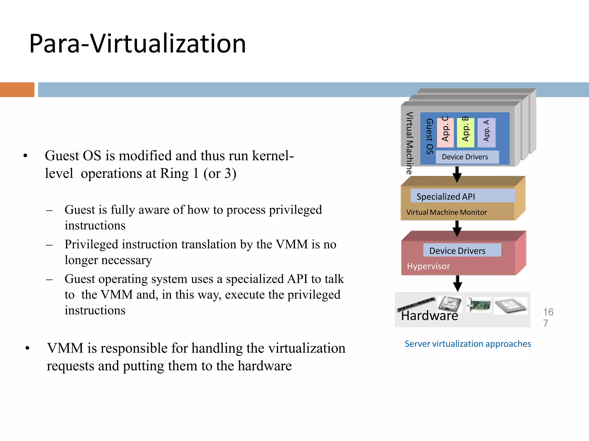 Para-Virtualization
• Guest OS is modified and thus run kernel-
level operations at Ring 1 (or 3)
– Guest is fully aware of how to process privileged
instructions
– Privileged instruction translation by the VMM is no
longer necessary
– Guest operating system uses a specialized API to talk
to the VMM and, in this way, execute the privileged
instructions
• VMM is responsible for handling the virtualization
requests and putting them to the hardware
VirtualMachine Monitor
Virtual
Machine
Guest
OS
Device Drivers
App.
A
App.
B
App.
C
Specialized API
Hardware
Hypervisor
Device Drivers
Server virtualization approaches
16
7
 