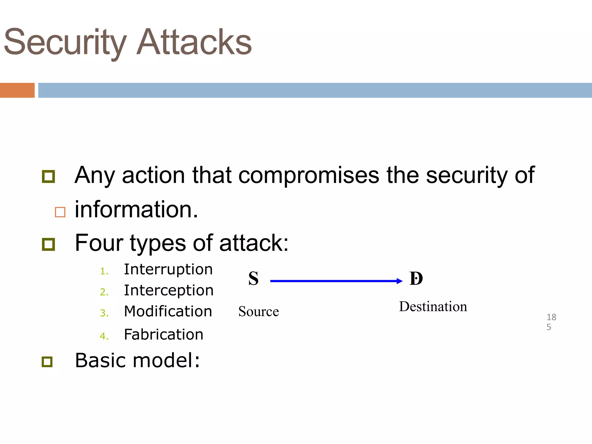 Security Attacks
 Any action that compromises the security of
 information.
 Four types of attack:
1. Interruption
2. Interception
3. Modification
4. Fabrication
 Basic model:
D
Destination
S
Source 18
5
 