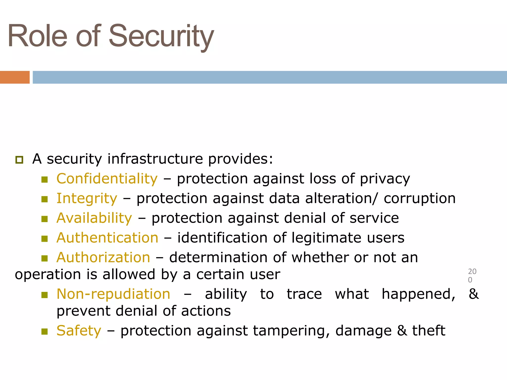 Role of Security
20
0
 A security infrastructure provides:
 Confidentiality – protection against loss of privacy
 Integrity – protection against data alteration/ corruption
 Availability – protection against denial of service
 Authentication – identification of legitimate users
 Authorization – determination of whether or not an
operation is allowed by a certain user
 Non-repudiation – ability to trace what happened, &
prevent denial of actions
 Safety – protection against tampering, damage & theft
 