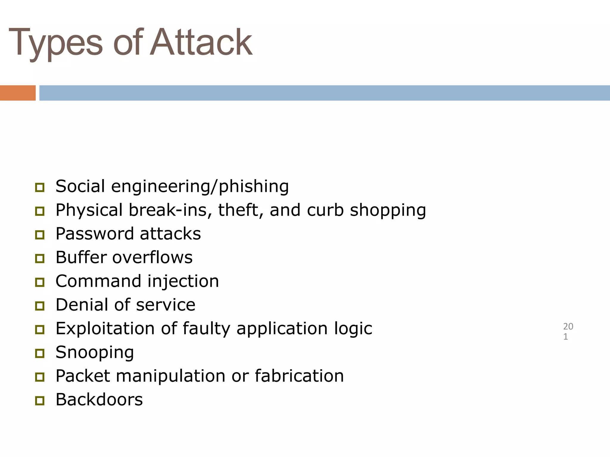 Types of Attack
20
1
 Social engineering/phishing
 Physical break-ins, theft, and curb shopping
 Password attacks
 Buffer overflows
 Command injection
 Denial of service
 Exploitation of faulty application logic
 Snooping
 Packet manipulation or fabrication
 Backdoors
 