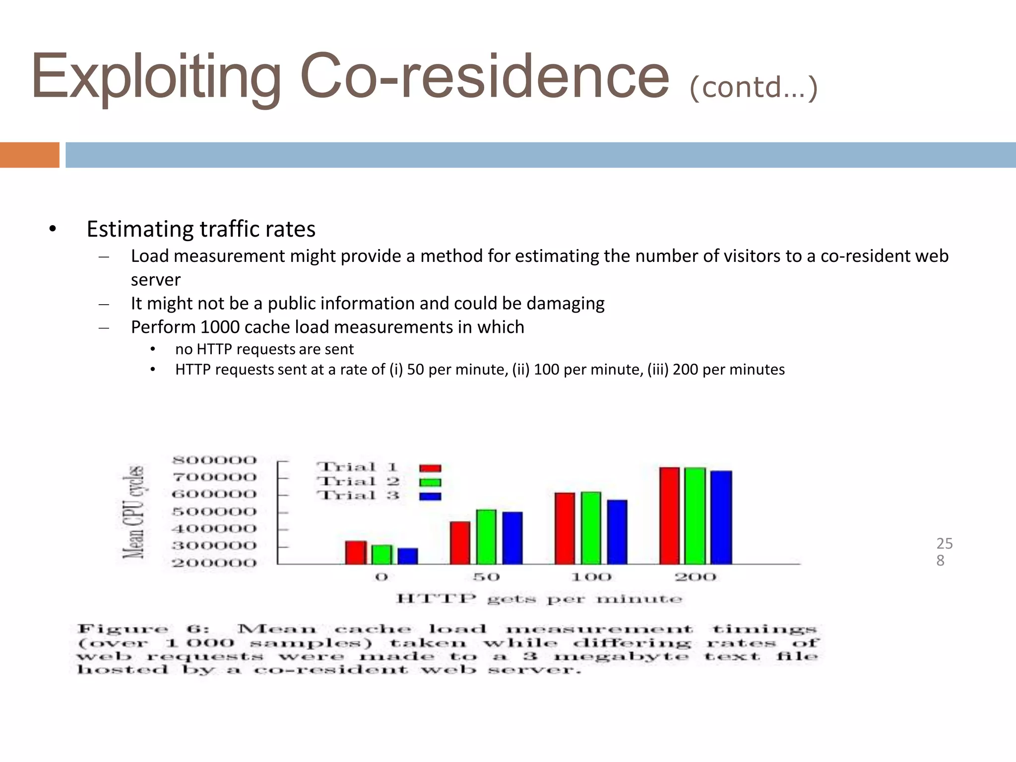Exploiting Co-residence (contd…)
• Estimating traffic rates
– Load measurement might provide a method for estimating the number of visitors to a co-resident web
server
– It might not be a public information and could be damaging
– Perform 1000 cache load measurements in which
• no HTTP requests are sent
• HTTP requests sent at a rate of (i) 50 per minute, (ii) 100 per minute, (iii) 200 per minutes
25
8
 