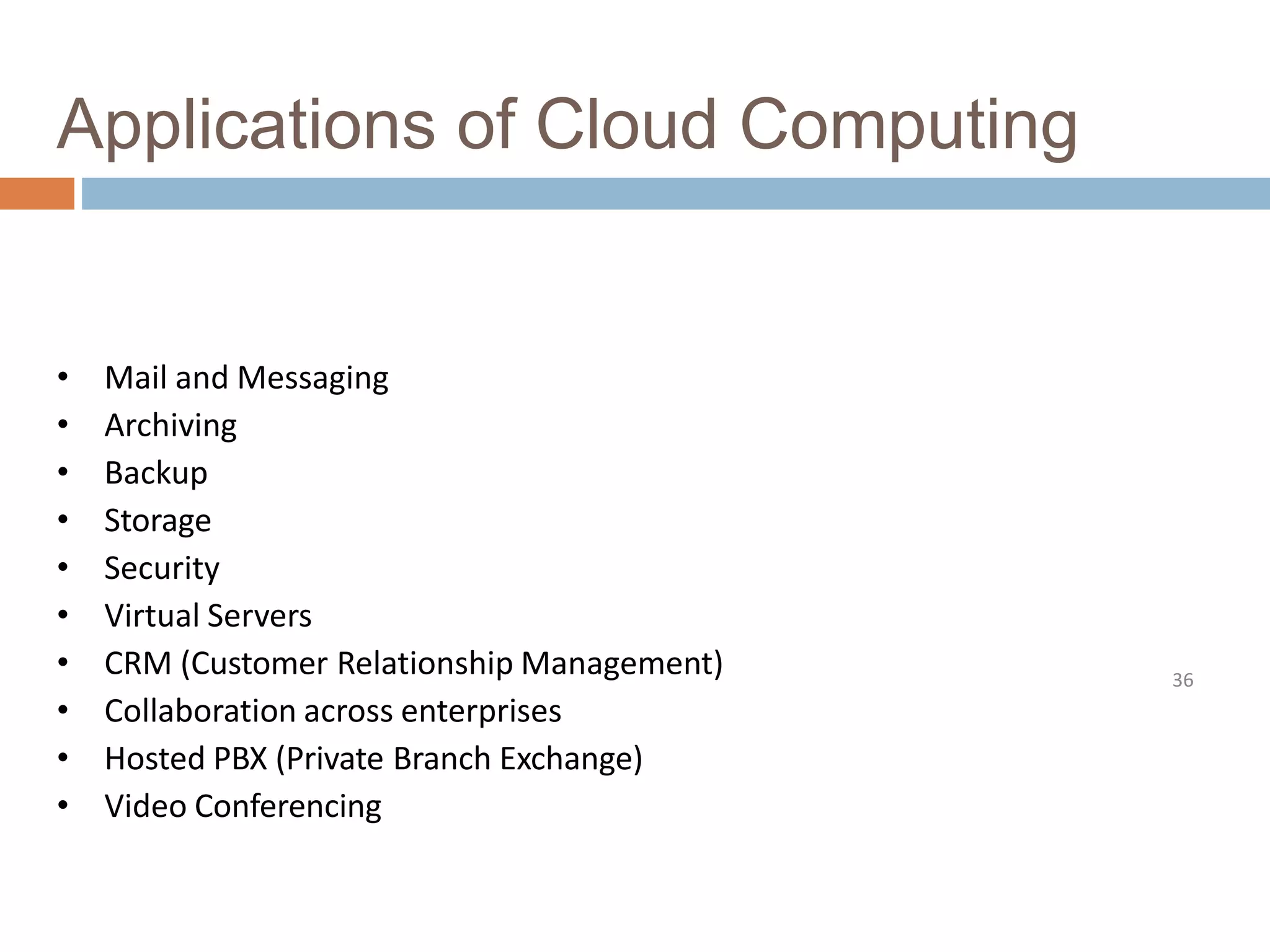 Applications of Cloud Computing
36
• Mail and Messaging
• Archiving
• Backup
• Storage
• Security
• Virtual Servers
• CRM (Customer Relationship Management)
• Collaboration across enterprises
• Hosted PBX (Private Branch Exchange)
• Video Conferencing
 