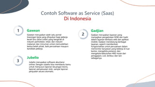 Contoh Software as Service (Saas)
Di Indonesia
Gawean
Gawean merupakan salah satu portal
lowongan kerja yang ditujukan bagi pekerja
kerah biru (blue collar) yang bergerak di
industri perhotelan, retail, dan industri
makanan dan minuman untuk memudahkan
kedua belah pihak, baik perusahaan maupun
kandidat pekerja.
1 Gadjian
Gadjian merupakan layanan yang
menyajikan pengelolaan SDM dan hadir
dalam layanan berbasis web dan aplikasi
mobile. Gadjian mendukung berbagai
layanan, seperti memberikan
fungsionalitas untuk perusahaan dalam
memonitor karyawan yang bekerja di luar
kantor, mengelola presensi, dan
mengelola kebutuhan HRD mulai dari
penggajian, cuti, lembur, dan lain
sebagainya.
3
2
Jubelio
Jubelio merupakan software akuntansi
online. Dengan Jubelio bisa membantu kamu
untuk menyusun laporan keuangan bisnis,
laporan penyesuaian stok, sampai laporan
penjualan secara otomatis.
 