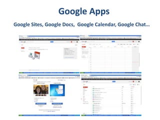 Google Apps
Google Sites, Google Docs, Google Calendar, Google Chat…
 