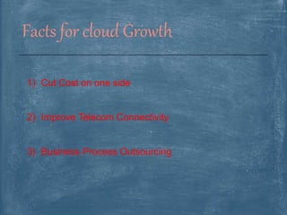 Facts for cloud Growth
1) Cut Cost on one side
2) Improve Telecom Connectivity
3) Business Process Outsourcing
 