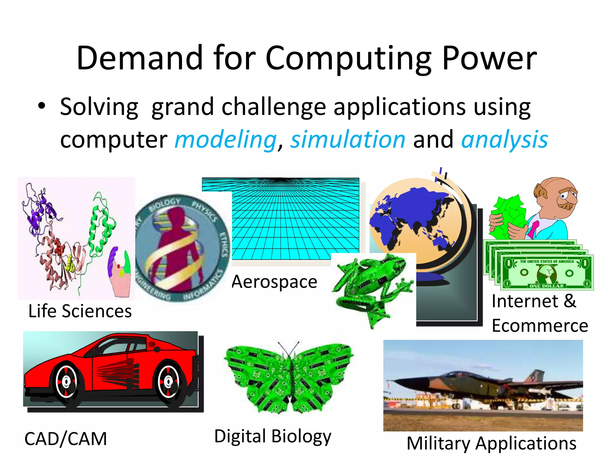 • Solving grand challenge applications using
computer modeling, simulation and analysis
Demand for Computing Power
Life Sciences
CAD/CAM
Aerospace
Military Applications
Digital Biology
Internet &
Ecommerce
 