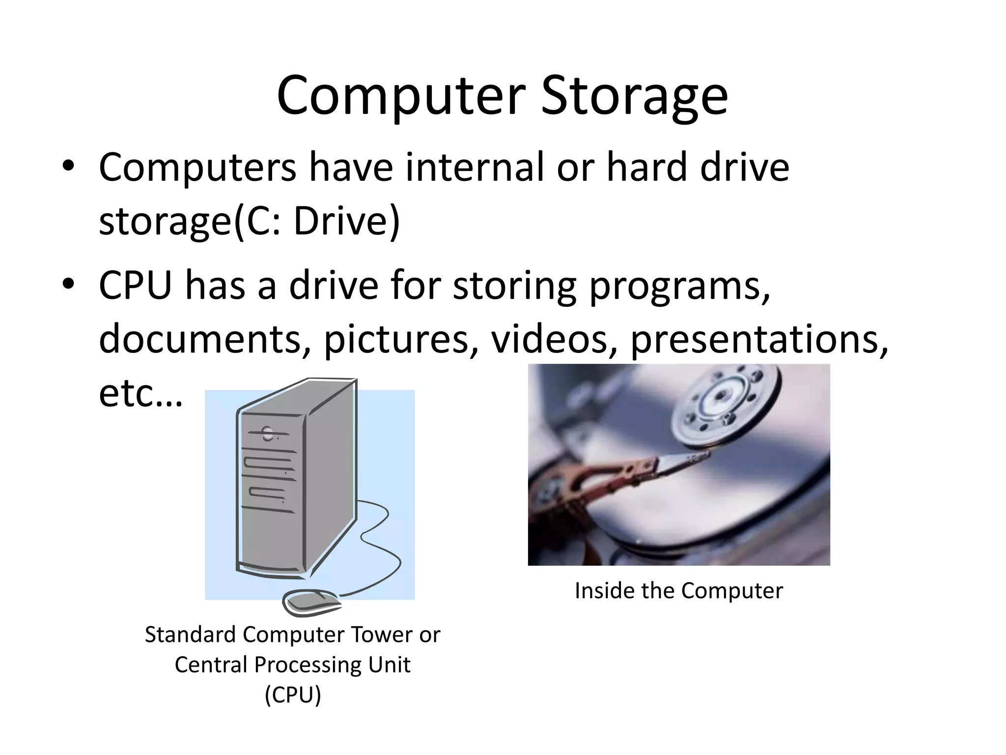 • Computers have internal or hard drive
storage(C: Drive)
• CPU has a drive for storing programs,
documents, pictures, videos, presentations,
etc…
Computer Storage
Standard Computer Tower or
Central Processing Unit
(CPU)
Inside the Computer
 