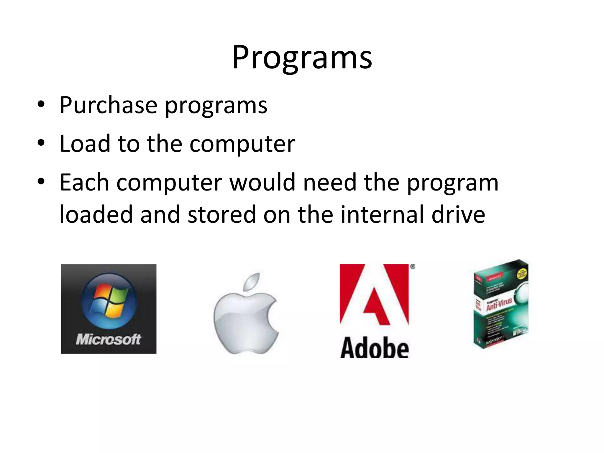 • Purchase programs
• Load to the computer
• Each computer would need the program
loaded and stored on the internal drive
Programs
 
