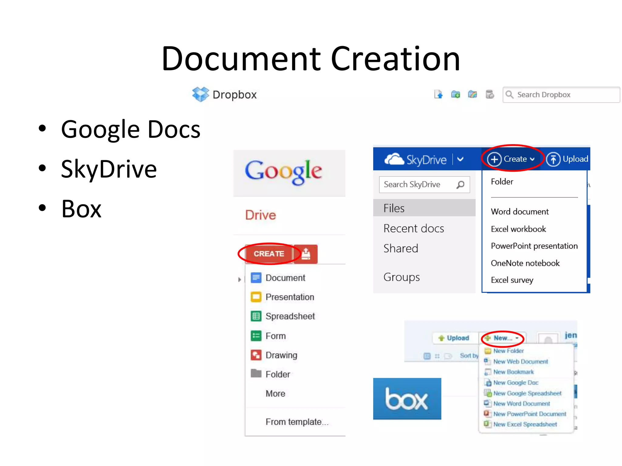 • Google Docs
• SkyDrive
• Box
Document Creation
 