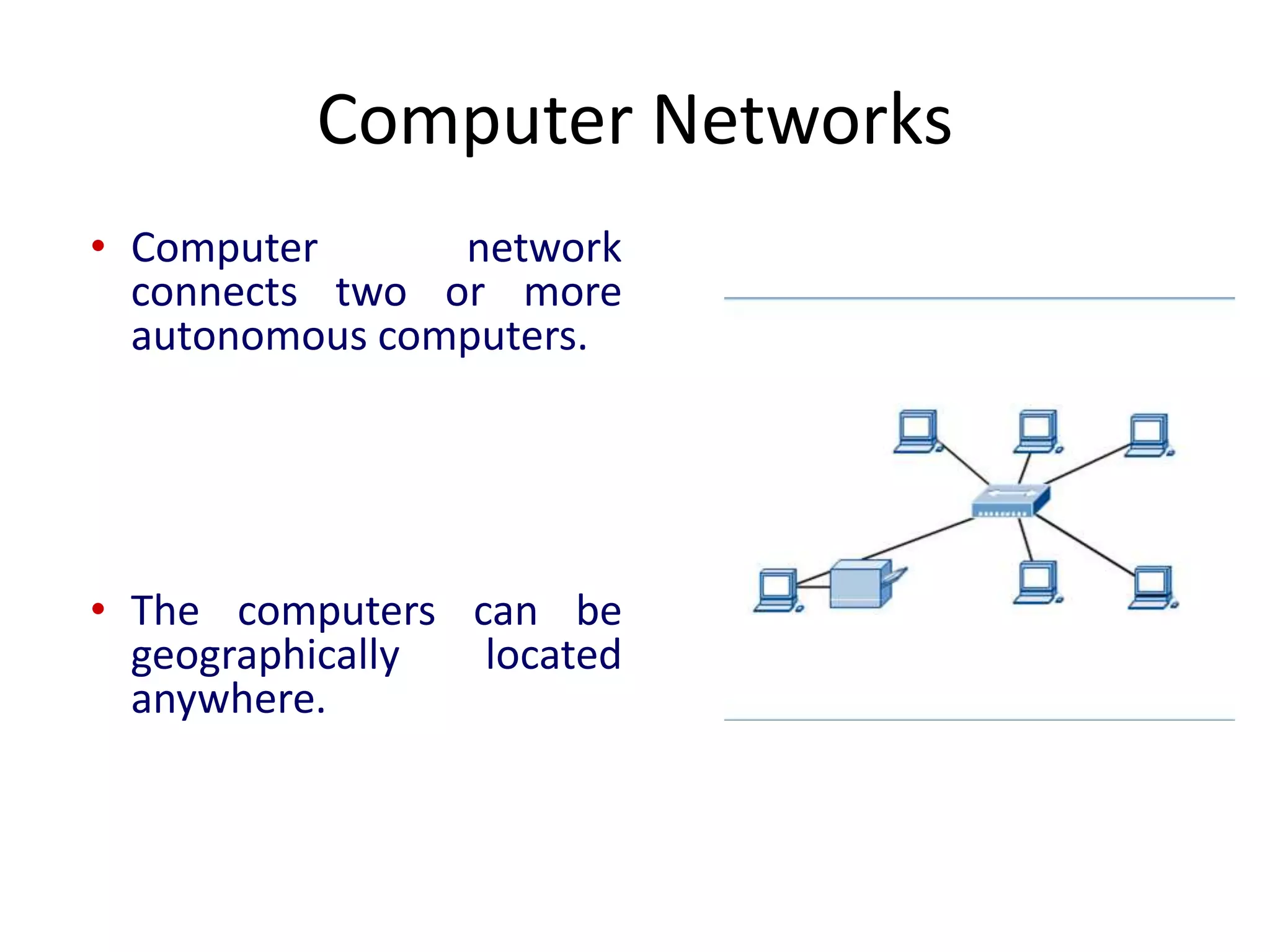 • Computer network
connects two or more
autonomous computers.
• The computers can be
geographically located
anywhere.
Computer Networks
Introduction to Computer Networks
 