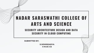 NADAR SARASWATHI COLLEGE OF
ARTS AND SCIENCE
SUBMITTED BY:
SECURITY ARCHITECTURE DESIGN AND DATA
SECURITY IN CLOUD COMPUTING
S.SOWNDARYA
II M.SC CS
 