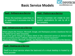 Basic Service Models
SaaS - Software-as-a-Service
Where the business subscribes to
an application it accesses over the
Internet.
PaaS - Platform-as-a-Service
Where a business can create its own
custom applications for use by all in
the company.
IaaS - Infrastructure-as-a-Service
Where players like Amazon, Microsoft, Google, and Rackspace provide a backbone that can
be "rented out" by other companies.
(IaaS is the game changer as it allows clients to fully outsourced service on demand rather
than purchasing servers, software, datacenter space or network equipment.*
Players like Amazon, Microsoft, Google, and Rackspace provide a backbone to this Service.)
DaaS - Desktop-as-a-Service
DaaS is a cloud service where the back-end of a virtual desktop is hosted by a
cloud provider.
 