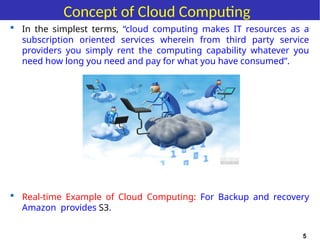  In the simplest terms, “cloud computing makes IT resources as a
subscription oriented services wherein from third party service
providers you simply rent the computing capability whatever you
need how long you need and pay for what you have consumed”.
Concept of Cloud Computing
 Real-time Example of Cloud Computing: For Backup and recovery
Amazon provides S3.
5
 
