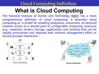 The National Institute of Stands and Technology (NIST) has a more
comprehensive definition of cloud computing. It describes cloud
computing as "a model for enabling ubiquitous, convenient, on-demand
network access to a shared pool of configurable computing resources
(e.g., networks, servers, storage, applications and services) that can be
rapidly provisioned and released with minimal management effort or
service provider interaction."
What is Cloud Computing
Cloud Computing Definition
 