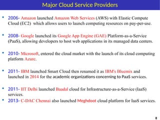 Major Cloud Service Providers
 2006- Amazon launched Amazon Web Services (AWS) with Elastic Compute
Cloud (EC2) which allows users to launch computing resources on pay-per-use.
 2008- Google launched its Google App Engine (GAE) Platform-as-a-Service
(PaaS), allowing developers to host web applications in its managed data centers.
 2010- Microsoft, entered the cloud market with the launch of its cloud computing
platform Azure.
 2011- IBM launched Smart Cloud then renamed it as IBM's Bluemix and
launched in 2014 for the academic organizations concerning to PaaS services.
 2011- IIT Delhi launched Baadal cloud for Infrastructure-as-a-Service (IaaS)
services.
 2013- C-DAC Chennai also launched Meghdoot cloud platform for IaaS services.
8
 