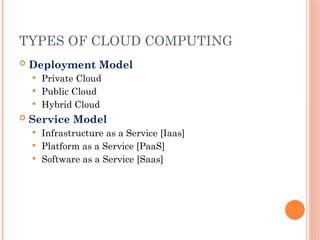 TYPES OF CLOUD COMPUTING
 Deployment Model
 Private Cloud
 Public Cloud
 Hybrid Cloud
 Service Model
 Infrastructure as a Service [Iaas]
 Platform as a Service [PaaS]
 Software as a Service [Saas]
 