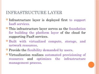 INFRASTRUCTURE LAYER
 Infrastructure layer is deployed first to support
IaaS services.
 This infrastructure layer serves as the foundation
for building the platform layer of the cloud for
supporting PaaS services.
 Built with virtualized compute, storage, and
network resources.
 Provide the flexibility demanded by users.
 Virtualization realizes automated provisioning of
resources and optimizes the infrastructure
management process.
 