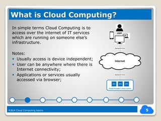 In simple terms Cloud Computing is to
access over the internet of IT services
which are running on someone else’s
infrastructure.
Notes:
 Usually access is device independent;
 User can be anywhere where there is
Internet connectivity;
 Applications or services usually
accessed via browser;
5
What is Cloud Computing?
R|B|A Cloud Computing basics
Internet
Cloud Provider’s Data Centre
Network link
APPL APPLAPPL
USER
Network link
 