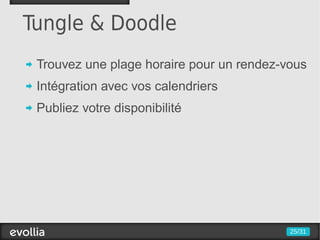 Tungle & Doodle
 Trouvez une plage horaire pour un rendez-vous
 Intégration avec vos calendriers
 Publiez votre disponibilité




                                           25/31
 