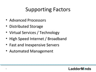 Supporting Factors 
• Advanced Processors 
• Distributed Storage 
• Virtual Services / Technology 
• High Speed Internet / Broadband 
• Fast and Inexpensive Servers 
• Automated Management 
8 
 