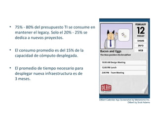 • 75% - 80% del presupuesto TI se consume en
mantener el legacy. Solo el 20% - 25% se
dedica a nuevos proyectos.
• El consumo promedio es del 15% de la
capacidad de cómputo desplegada.
• El promedio de tiempo necesario para
desplegar nueva infraestructura es de
3 meses.

Dilbert Calendar App Screenshot by Metranome Inc.
Dilbert by Scott Adams

 