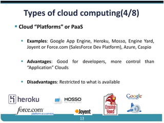 ®



       Types of cloud computing(4/8)
   Cloud “Platforms” or PaaS

       Examples: Google App Engine, Heroku, Mosso, Engine Yard,
        Joyent or Force.com (SalesForce Dev Platform), Azure, Caspio

       Advantages: Good for developers, more control than
        “Application” Clouds

       Disadvantages: Restricted to what is available




Cloud Computing                   13               Slides by Carlton Colter
 