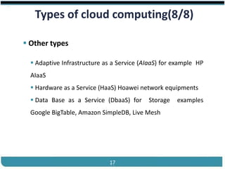 ®


        Types of cloud computing(8/8)

     Other types

       Adaptive Infrastructure as a Service (AIaaS) for example HP
      AIaaS
       Hardware as a Service (HaaS) Hoawei network equipments
       Data Base as a Service (DbaaS) for     Storage    examples
      Google BigTable, Amazon SimpleDB, Live Mesh




Cloud Computing                  17               Slides by Carlton Colter
 