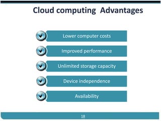 ®


            Cloud computing Advantages

                        Lower computer costs

                       Improved performance

                      Unlimited storage capacity

                        Device independence

                             Availability


Cloud Computing                 18             Slides by Carlton Colter
 