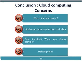 ®


           Conclusion : Cloud computing
                    Concerns
                             Who is the data owner ?



                      Businesses loose control over their data


                      Data transfert? When you change
                      provider


                                  Deleting data?

Cloud Computing                     25               Slides by Carlton Colter
 