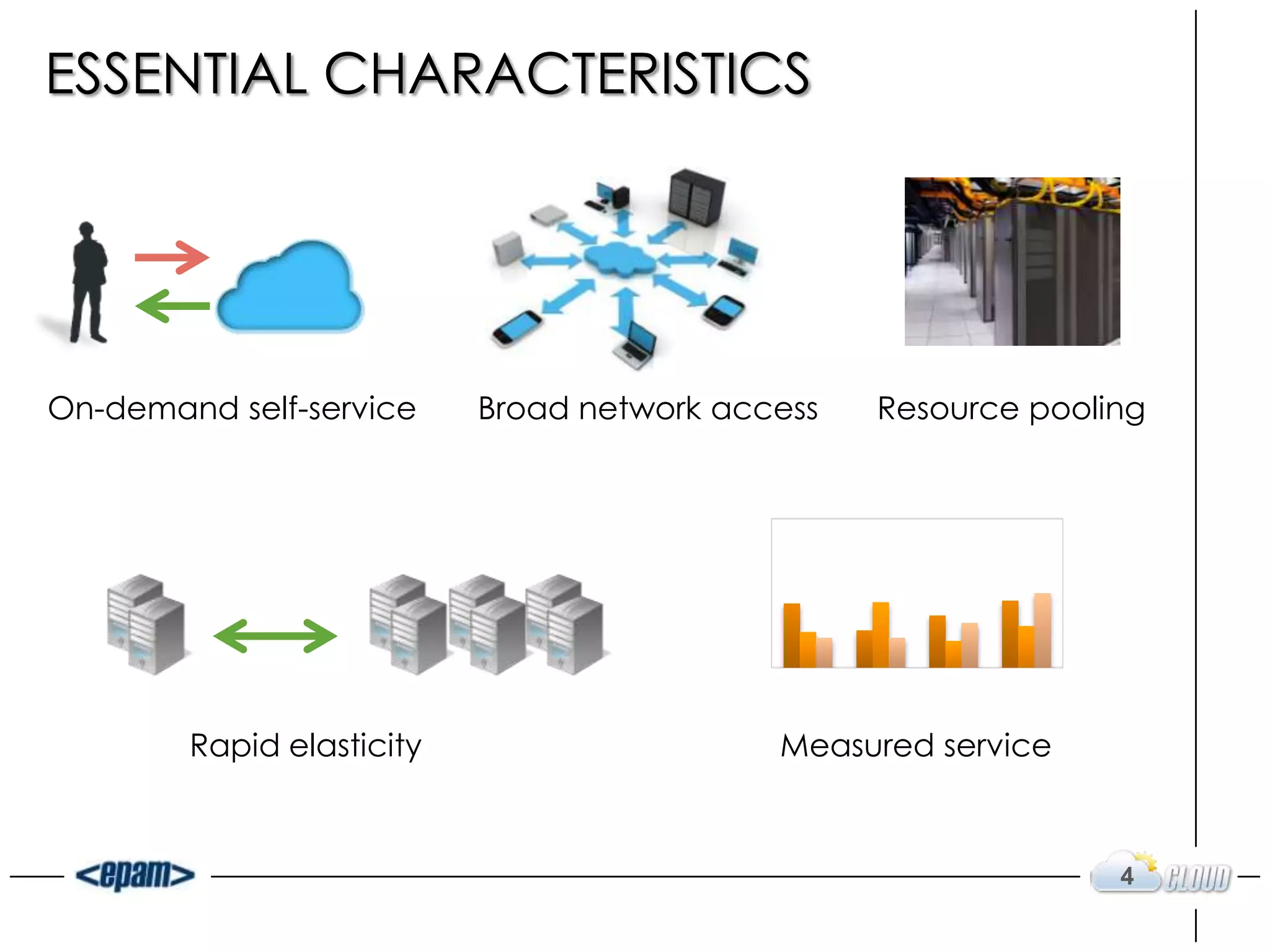 ESSENTIAL CHARACTERISTICS




On-demand self-service     Broad network access   Resource pooling




        Rapid elasticity                    Measured service



                                                                4
 