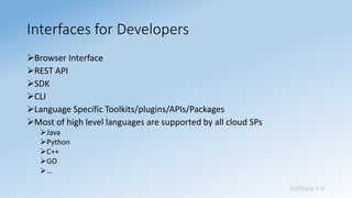 Sridhara T V
Interfaces for Developers
➢Browser Interface
➢REST API
➢SDK
➢CLI
➢Language Specific Toolkits/plugins/APIs/Pac...