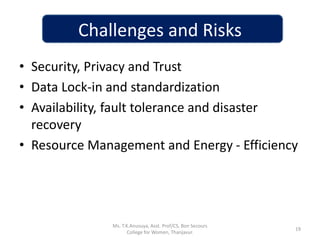 Challenges and Risks
• Security, Privacy and Trust
• Data Lock-in and standardization
• Availability, fault tolerance and disaster
recovery
• Resource Management and Energy - Efficiency
19
Ms. T.K.Anusuya, Asst. Prof/CS, Bon Secours
College for Women, Thanjavur.
 