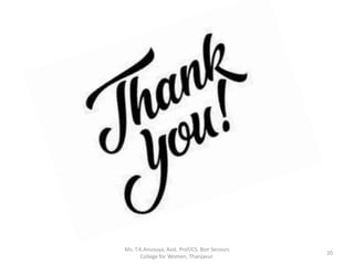 Ms. T.K.Anusuya, Asst. Prof/CS, Bon Secours
College for Women, Thanjavur.
20
 