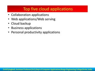 Top five cloud applications
• Collaboration applications
• Web applications/Web serving
• Cloud backup
• Business applications
• Personal productivity applications
Dr.M.Pyingkodi, Assistant Professor(Sr.G),Dept of Computer Applications,Kongu Engineering College,Erode, India
 