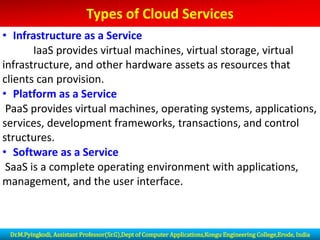 Types of Cloud Services
• Infrastructure as a Service
IaaS provides virtual machines, virtual storage, virtual
infrastructure, and other hardware assets as resources that
clients can provision.
• Platform as a Service
PaaS provides virtual machines, operating systems, applications,
services, development frameworks, transactions, and control
structures.
• Software as a Service
SaaS is a complete operating environment with applications,
management, and the user interface.
Dr.M.Pyingkodi, Assistant Professor(Sr.G),Dept of Computer Applications,Kongu Engineering College,Erode, India
 