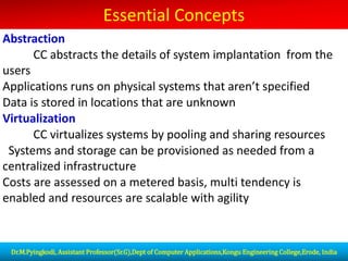 Essential Concepts
Abstraction
CC abstracts the details of system implantation from the
users
Applications runs on physical systems that aren’t specified
Data is stored in locations that are unknown
Virtualization
CC virtualizes systems by pooling and sharing resources
Systems and storage can be provisioned as needed from a
centralized infrastructure
Costs are assessed on a metered basis, multi tendency is
enabled and resources are scalable with agility
Dr.M.Pyingkodi, Assistant Professor(Sr.G),Dept of Computer Applications,Kongu Engineering College,Erode, India
 