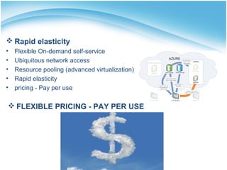  FLEXIBLE PRICING - PAY PER USE
 Rapid elasticity
• Flexible On-demand self-service
• Ubiquitous network access
• Resource pooling (advanced virtualization)
• Rapid elasticity
• pricing - Pay per use
 