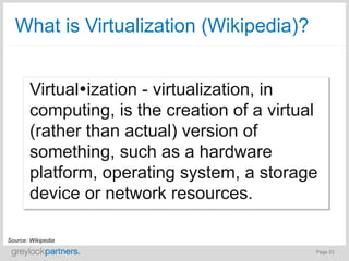 What is Xsigo?"
  What is Virtualization (Wikipedia)?


        VirtualŸization - virtualization, in
        computing, is the creation of a virtual
        (rather than actual) version of
        something, such as a hardware
        platform, operating system, a storage
        device or network resources.

Source: Wikipedia
                                              Page 23
 