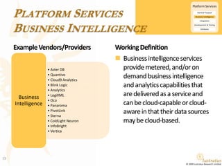 Platform ServicesBusiness IntelligenceExample Vendors/ProvidersWorking DefinitionBusiness intelligence services provide metered, and/or on demand business intelligence and analytics capabilities that are delivered as a service and can be cloud-capable or cloud-aware in that their data sources may be cloud-based.