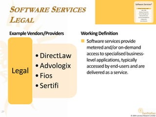 Software ServicesLegalExample Vendors/ProvidersWorking DefinitionSoftware services provide metered and/or on-demand access to specialised business-level applications, typically accessed by end-users and are delivered as a service.