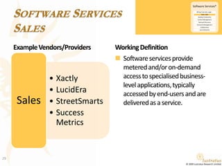 Software ServicesSalesExample Vendors/ProvidersWorking DefinitionSoftware services provide metered and/or on-demand access to specialised business-level applications, typically accessed by end-users and are delivered as a service.