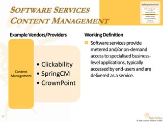 Software ServicesContent ManagementExample Vendors/ProvidersWorking DefinitionSoftware services provide metered and/or on-demand access to specialised business-level applications, typically accessed by end-users and are delivered as a service.