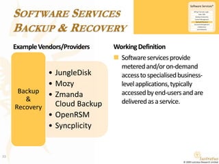 Software ServicesBackup & RecoveryExample Vendors/ProvidersWorking DefinitionSoftware services provide metered and/or on-demand access to specialised business-level applications, typically accessed by end-users and are delivered as a service.