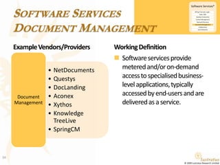 Software ServicesDocument ManagementExample Vendors/ProvidersWorking DefinitionSoftware services provide metered and/or on-demand access to specialised business-level applications, typically accessed by end-users and are delivered as a service.