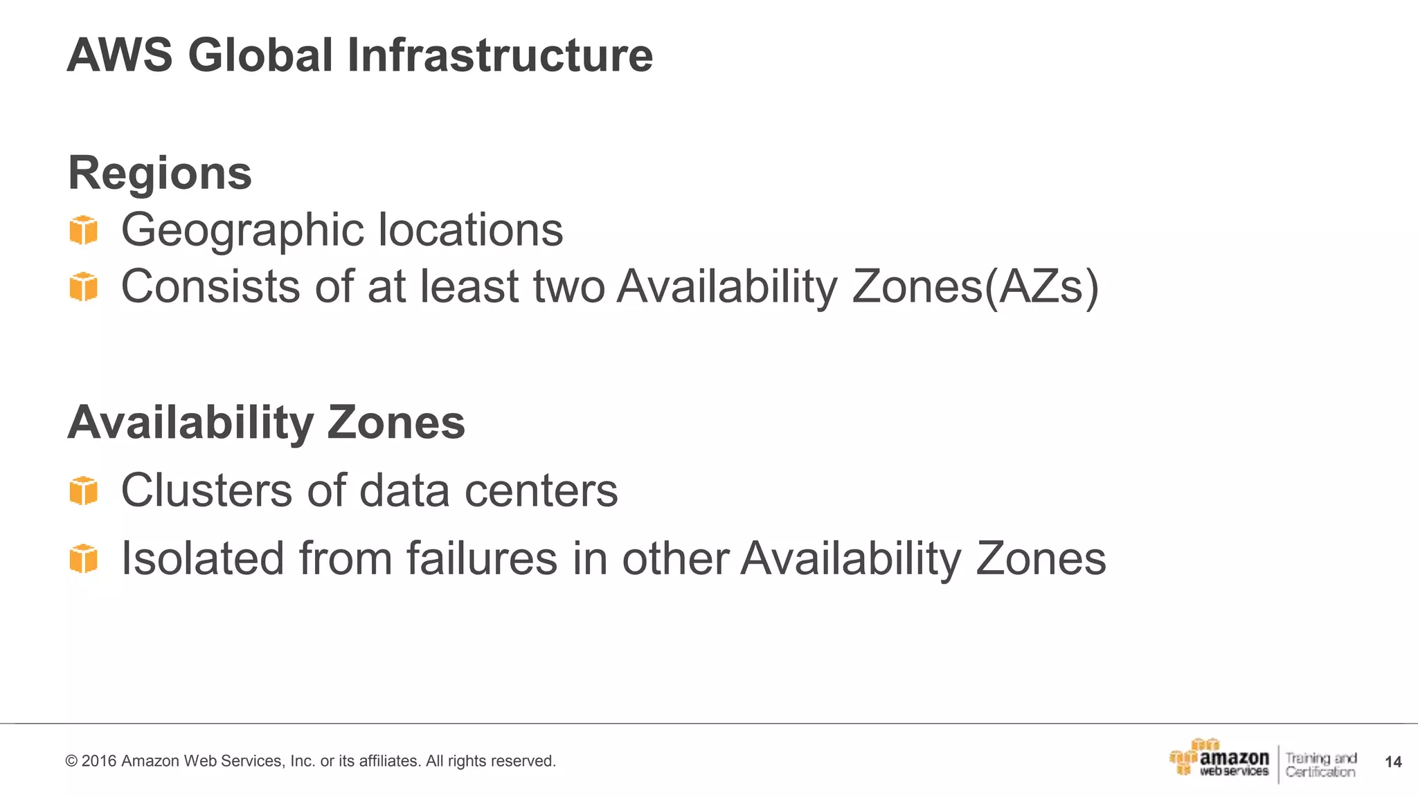 14© 2016 Amazon Web Services, Inc. or its affiliates. All rights reserved.
AWS Global Infrastructure
Regions
Geographic locations
Consists of at least two Availability Zones(AZs)
Availability Zones
Clusters of data centers
Isolated from failures in other Availability Zones
 