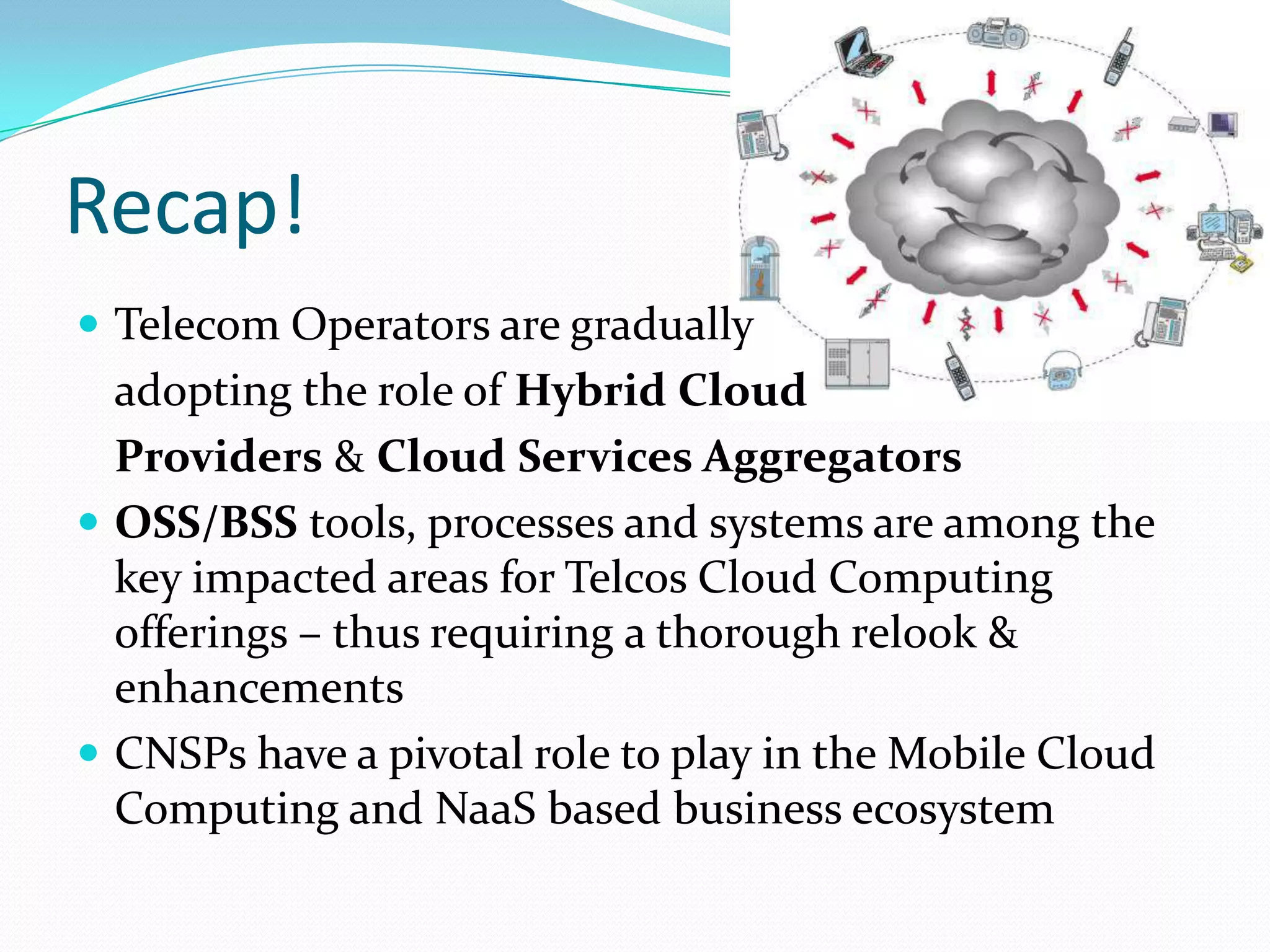 Recap!Telecom Operators are gradually	adopting the role of Hybrid Cloud	Providers & Cloud Services AggregatorsOSS/BSS tools, processes and systems are among the key impacted areas for Telcos Cloud Computing offerings – thus requiring a thorough relook & enhancements