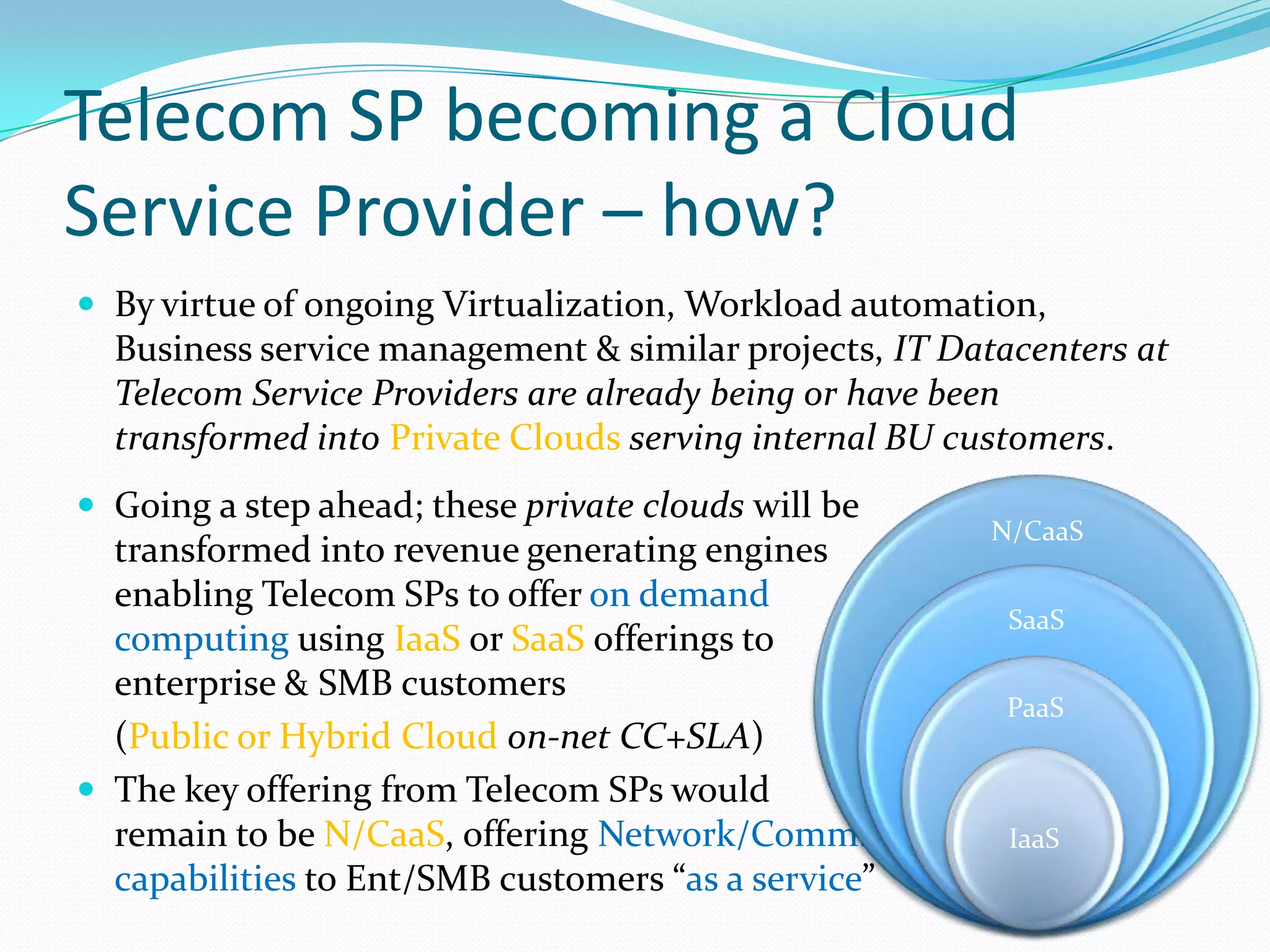 Telecom SP becoming a Cloud Service Provider – how?N/CaaSSaaSPaaSBy virtue of ongoing Virtualization, Workload automation, Business service management & similar projects, IT Datacenters at Telecom Service Providers are already being or have been transformed into Private Cloudsserving internal BU customers.IaaSGoing a step ahead; these private cl0uds will be transformed into revenue generating engines enabling Telecom SPs to offer on demand computing using IaaS or SaaS offerings to enterprise & SMB customers 	(Public or Hybrid Cloudon-net CC+SLA)The key offering from Telecom SPs would remain to be N/CaaS, offering Network/Comm.capabilities to Ent/SMB customers “as a service”
