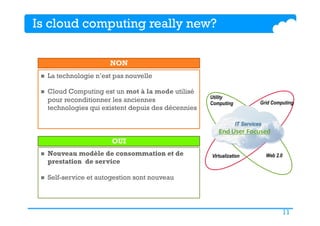 11
Is cloud computing really new?
n  La technologie n’est pas nouvelle
n  Cloud Computing est un mot à la mode utilisé
pour reconditionner les anciennes
technologies qui existent depuis des décennies
n  Nouveau modèle de consommation et de
prestation de service
n  Self-service et autogestion sont nouveau
NON
OUI
Virtualization Web 2.0
Utility
Computing Grid Computing
End	User	Focused	
 