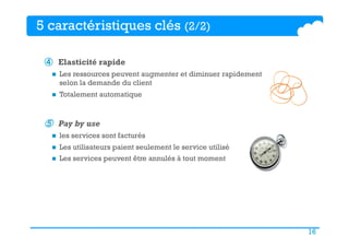 16
④  Elasticité rapide
n  Les ressources peuvent augmenter et diminuer rapidement
selon la demande du client
n  Totalement automatique
⑤  Pay by use
n  les services sont facturés
n  Les utilisateurs paient seulement le service utilisé
n  Les services peuvent être annulés à tout moment
5 caractéristiques clés (2/2)
(2/2)
 