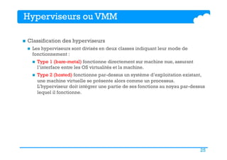25
Hyperviseurs ou VMM
n  Classification des hyperviseurs
n  Les hyperviseurs sont divisés en deux classes indiquant leur mode de
fonctionnement :
n  Type 1 (bare-metal) fonctionne directement sur machine nue, assurant
l’interface entre les OS virtualités et la machine.
n  Type 2 (hosted) fonctionne par-dessus un système d’exploitation existant,
une machine virtuelle se présente alors comme un processus.
L’hyperviseur doit intégrer une partie de ses fonctions au noyau par-dessus
lequel il fonctionne.
 
